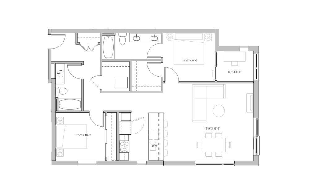 Floor plan layout diagram for 2x2 + Den - D2
